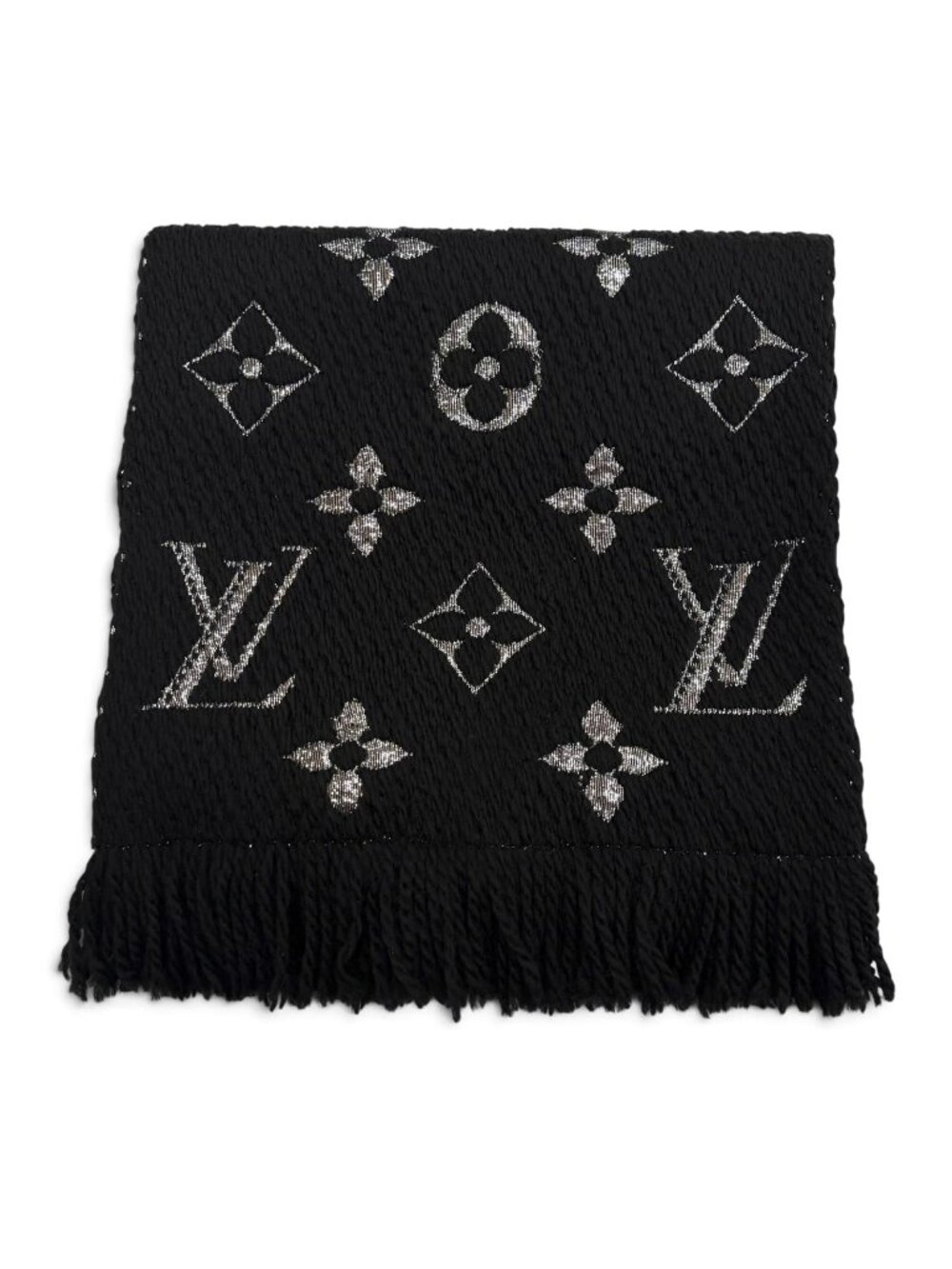 Louis Vuitton Echarpe Logomania Shine Wool Silk Monogram Scarf with Fringe